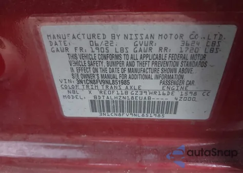2022 Nissan Versa 1.6 Sr Xtronic Cvt from USA, damaged, VIN 3N1CN8FV9NL851985